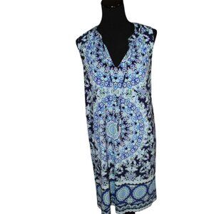 London Times Navy Blue Aqua White Black Floral Print Sleeveless Size 6
